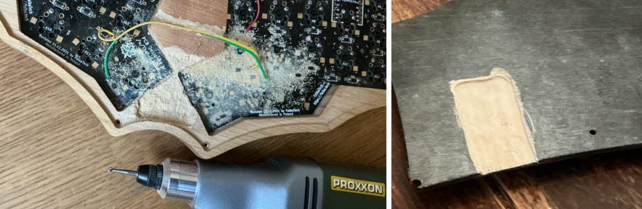 Case ground out for the TrackPoint (left) and bottom cover recessed for the Teensy (right)