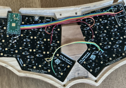 Underside of MiniDox, showing Teensy and wires connecting both halves