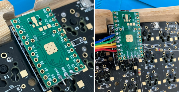 Teensy mounting and wiring with the PS/2 resistors, shown side by side